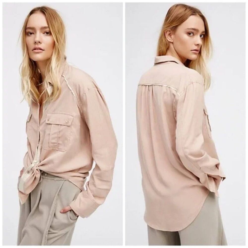 FREE PEOPLE Top Womens XS Blush Pink Metallic Off Campus Button Down Shirt